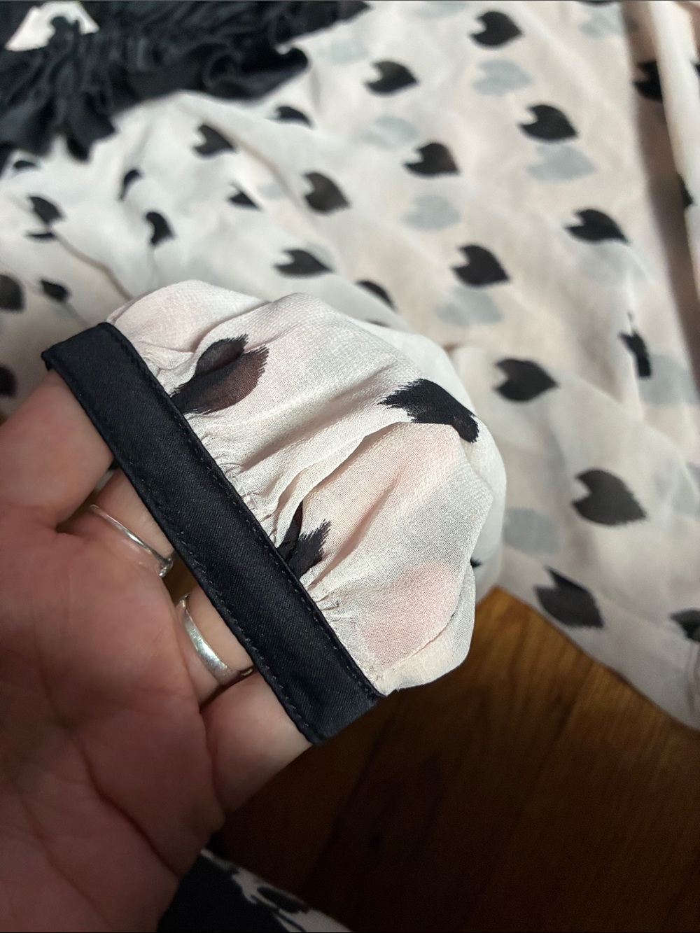 Black & Pink Heart-Print Ruffle V-Neck Blouse - Picture 3 of 4